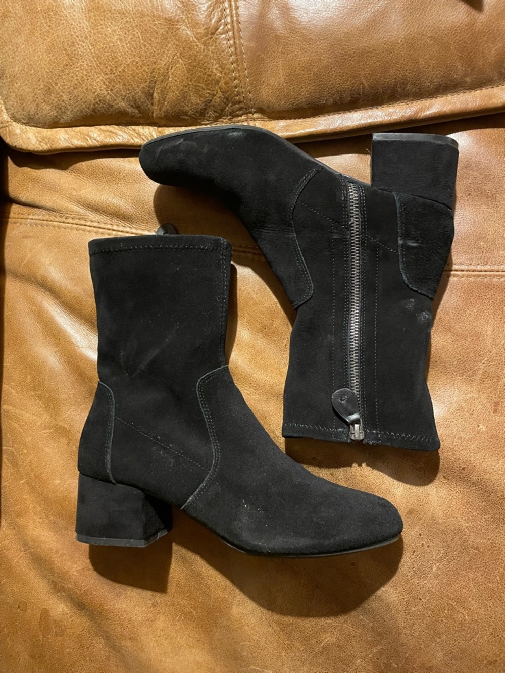 Tahari Black Suede Ankle Boots with Block Heel